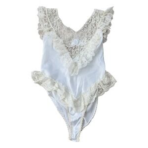 Samye Intimates Bodysuit Women Medium White Vintage Lace Satin Teddy USA Made